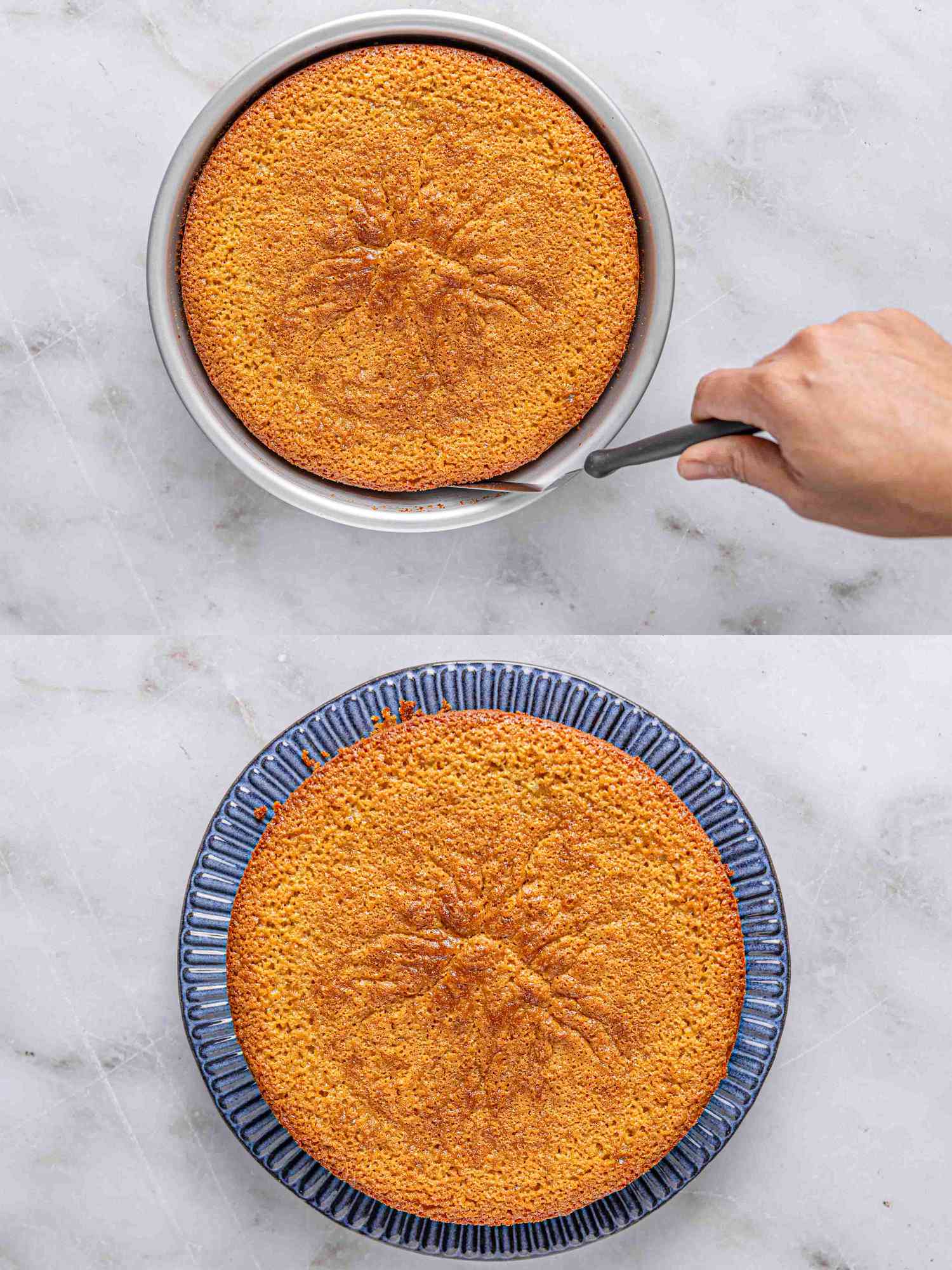 Two image collage of running a knife along the edges and flipping cake onto plate