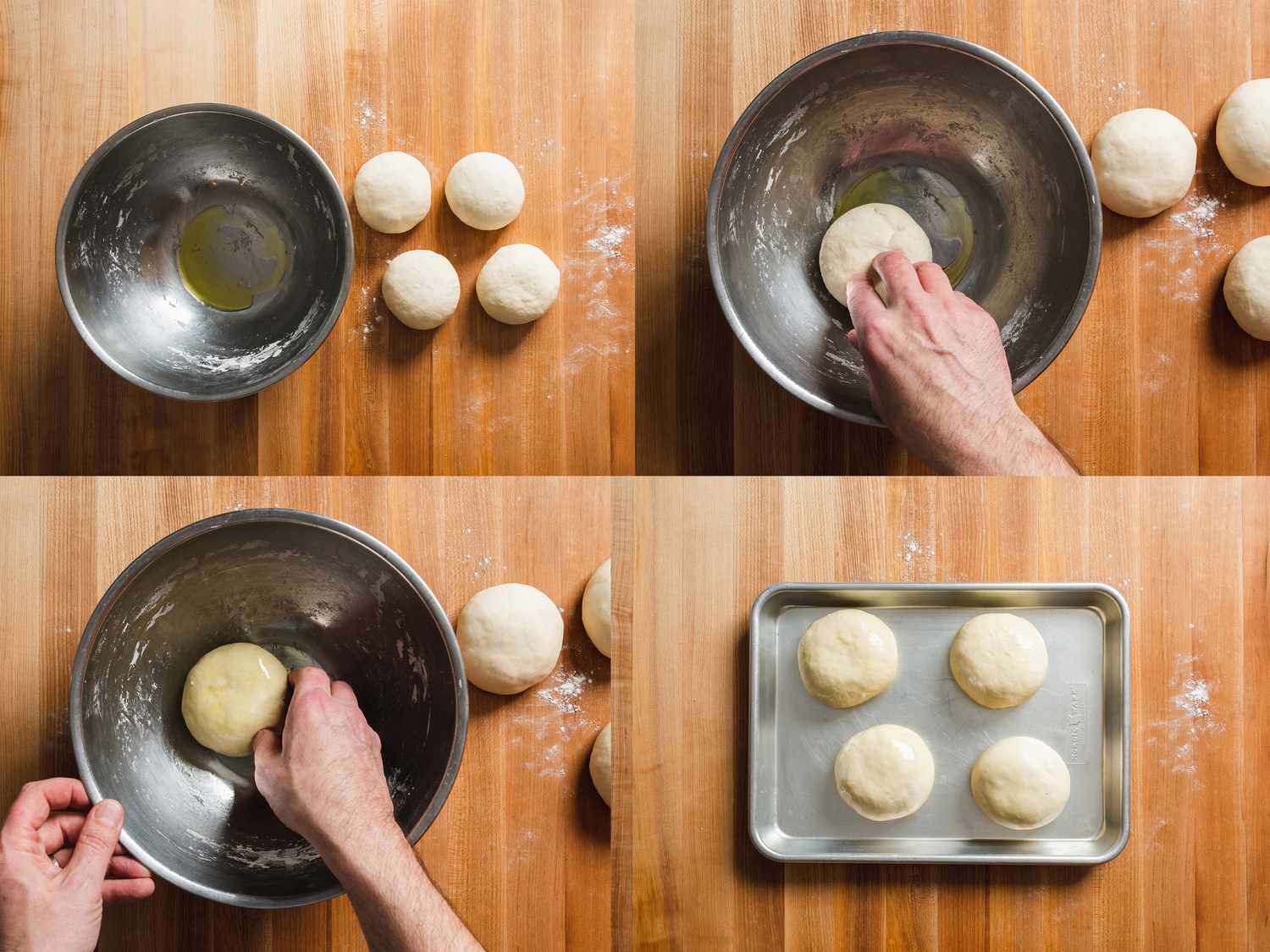 Dividing lahmajun dough into four equal-size balls