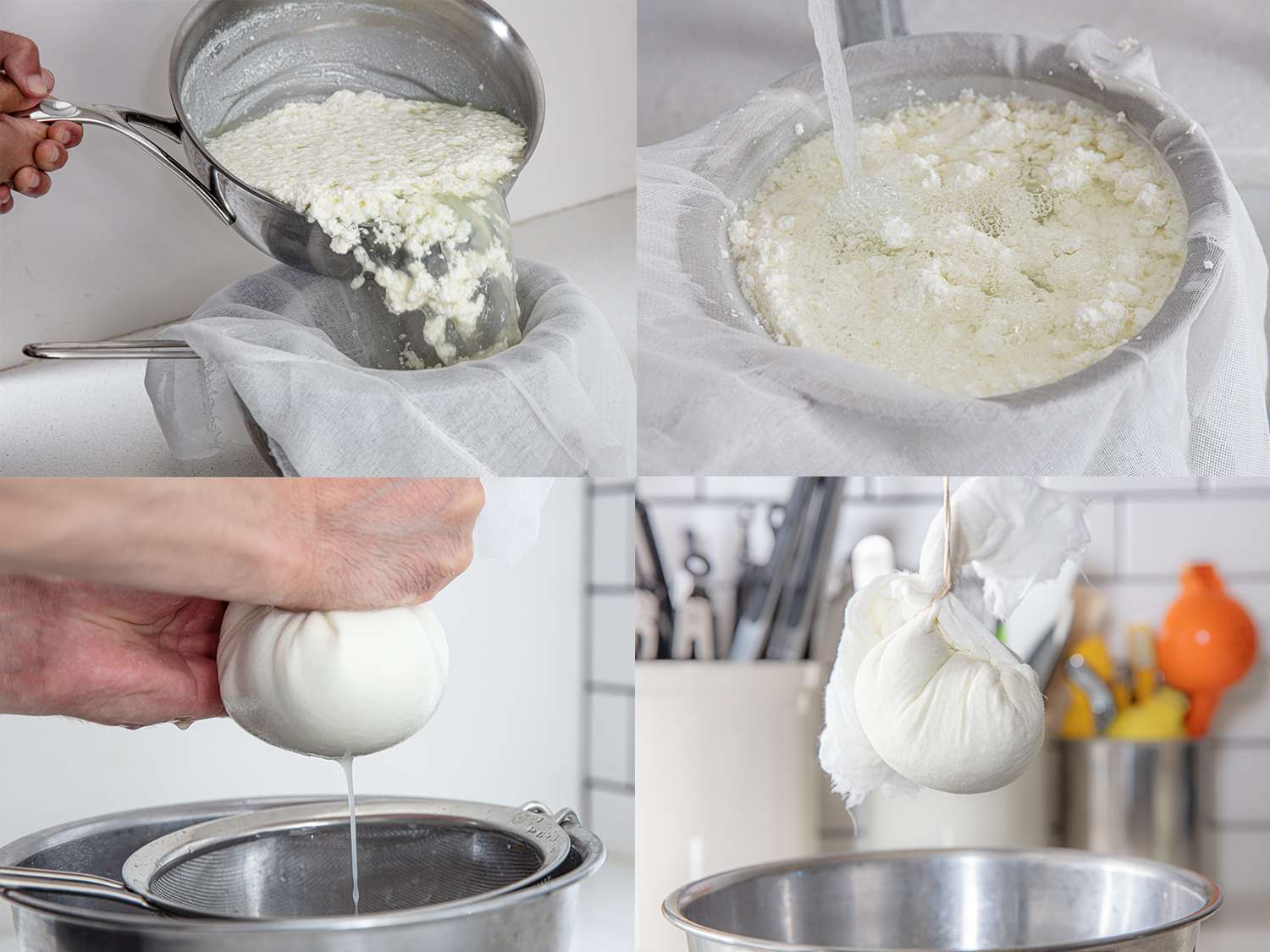 Four Image collage. Clockwise from Top Left: Curds being poured into a cheesecloth lined sieve over a bow; curds being run under water; cheese cloth being wrung over a bowl with liquid dripping; cheese cloth hanging over a bowl.