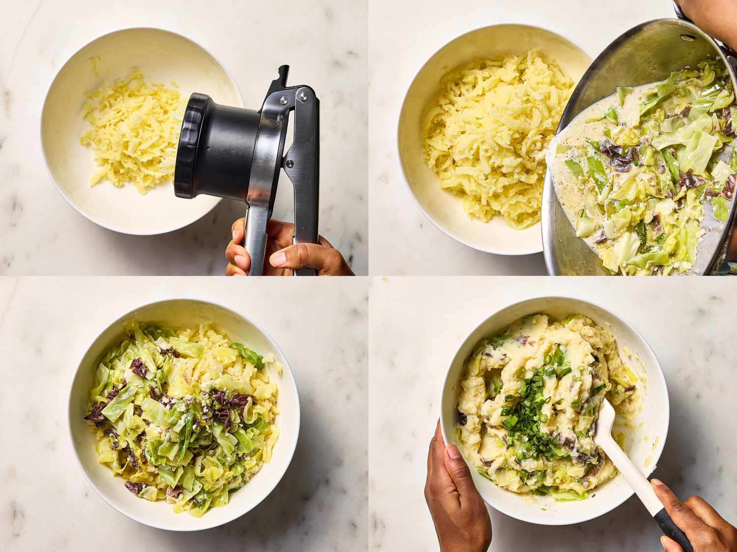 4 image collage. Top left: ricing potatoes in bowl. Top right: adding cabbage mixture into riced potatoes. Bottom Left: adding in scallions to mixture. Bottom Right: folding scallions together 