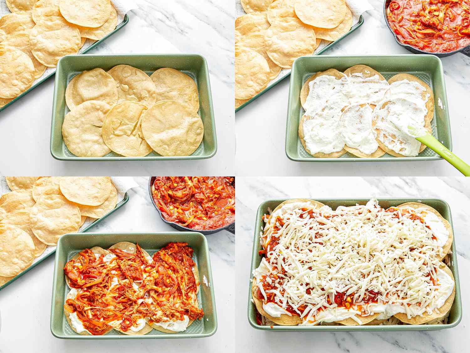 Steps to assemble a Mexican pastel Azteca casserole in a baking dish with tortillas sauce cream chicken and cheese