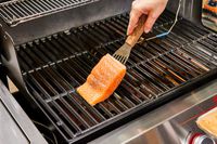 A person places salmon on the Weber Genesis E-335 Gas Grill