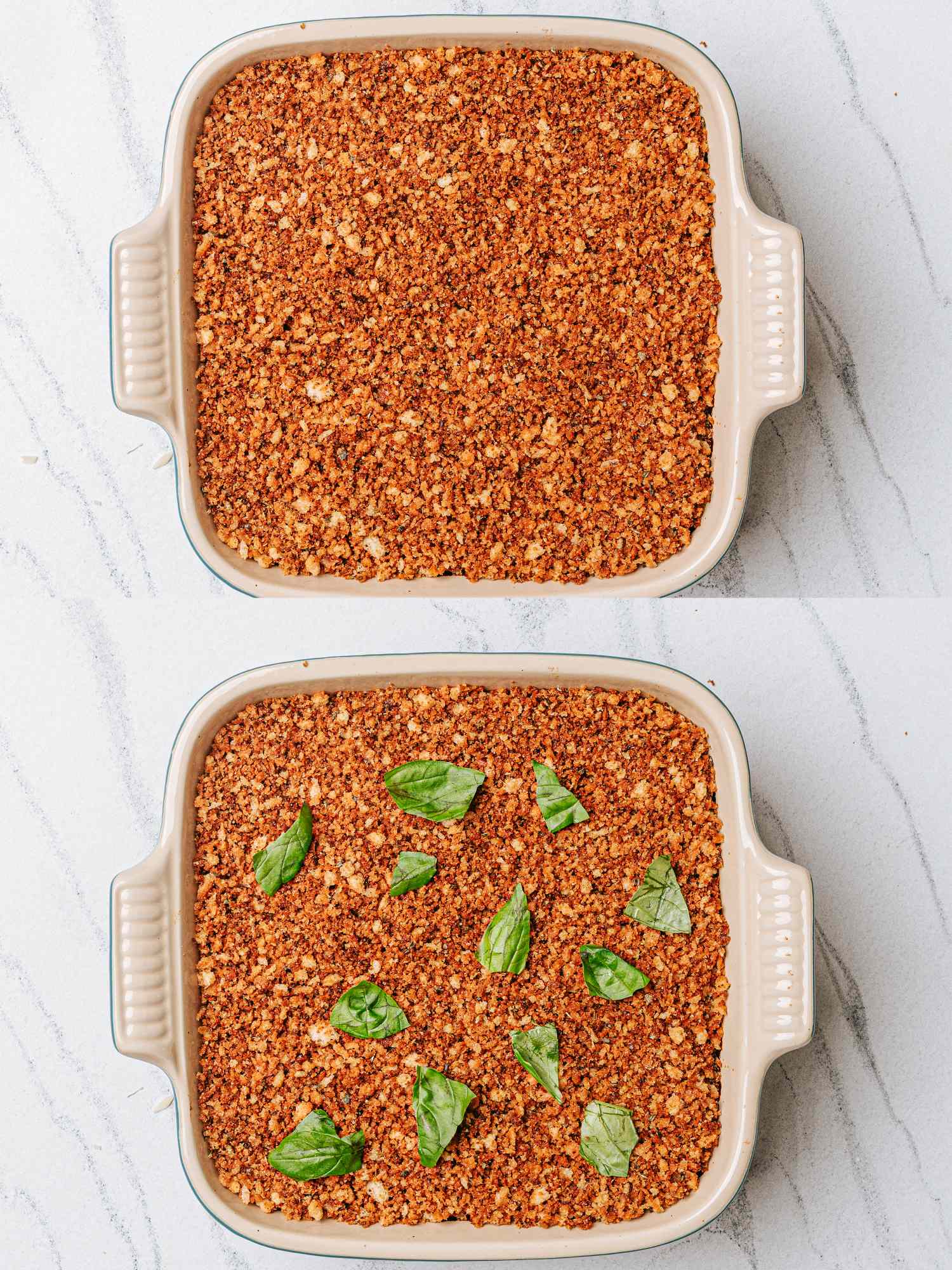 A twostep process for preparing a baked dish first with a plain topping and then garnished with fresh herbs