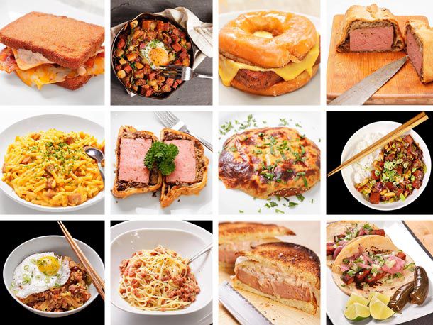 A 16-image grid depicting a medley of dishes that contain SPAM.