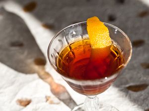 Overhead shot of The Revolver served in a stemmed cocktail glass