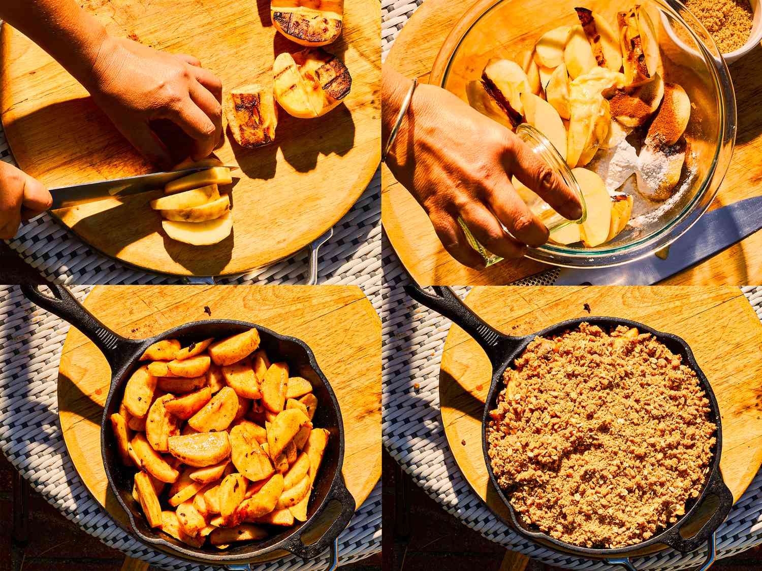 Four image collage of cutting apples, making mixture and finishing assembling crisp in skillet
