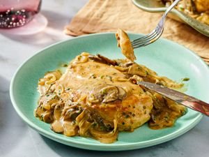 A plate with chicken fricassee served with mushroom sauce a fork lifting a piece of chicken