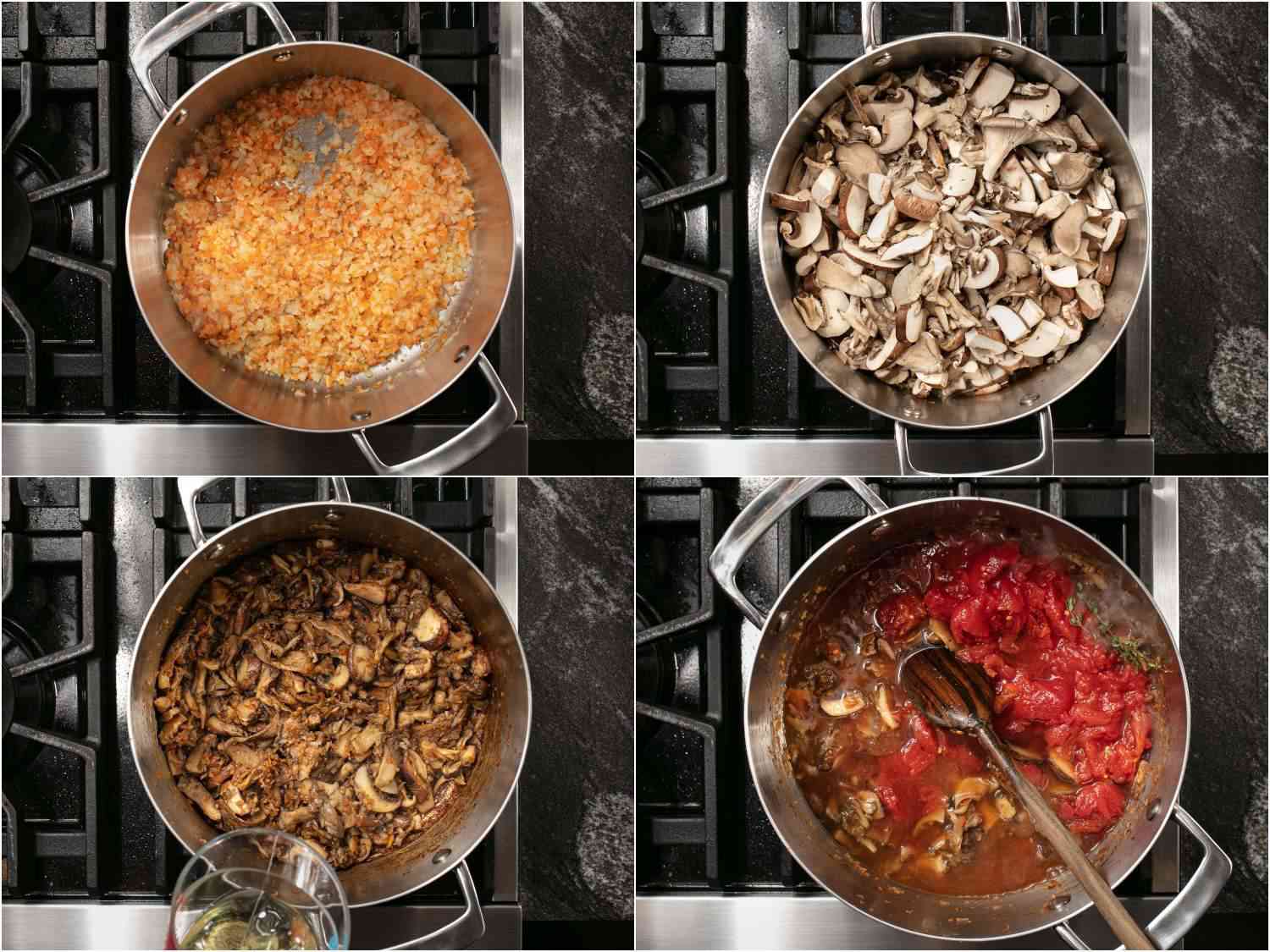 A collage showing the process for making the mushroom ragù.