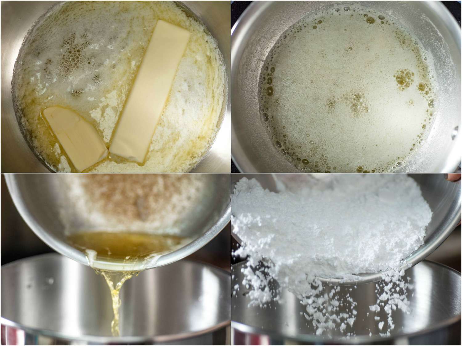 A 4-image collage of meling butter so the water evaporates, leaving brown bits along the edges of the pan, and adding organic powder sugar to the melted butter. 