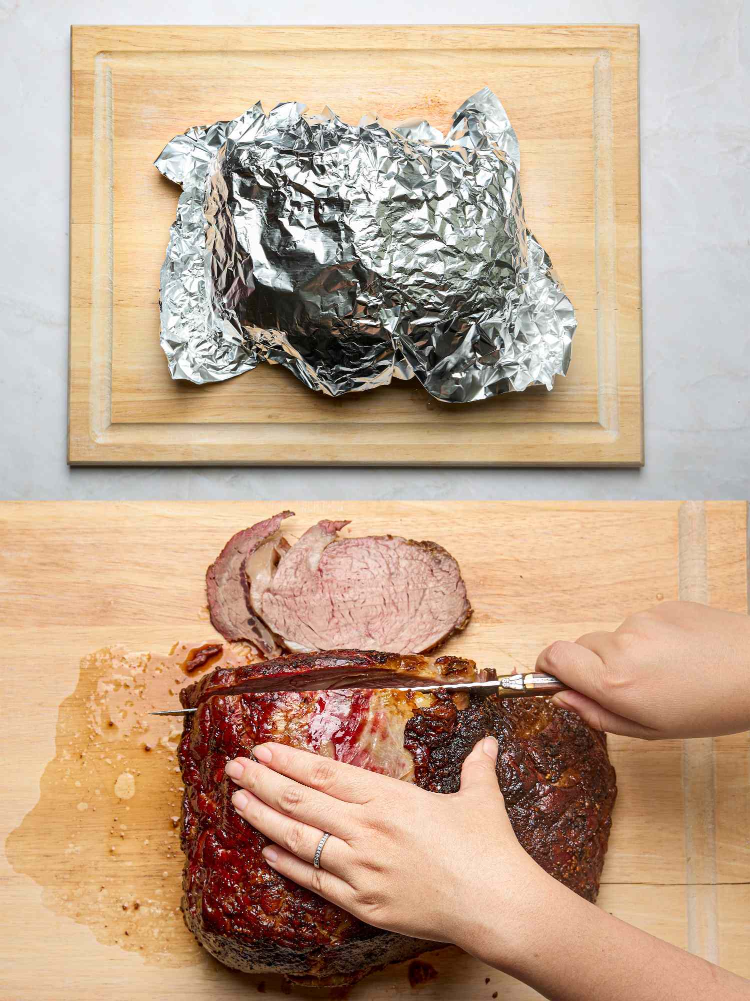 Sliced prime rib being prepared with foil wrapping on a cutting board nearby