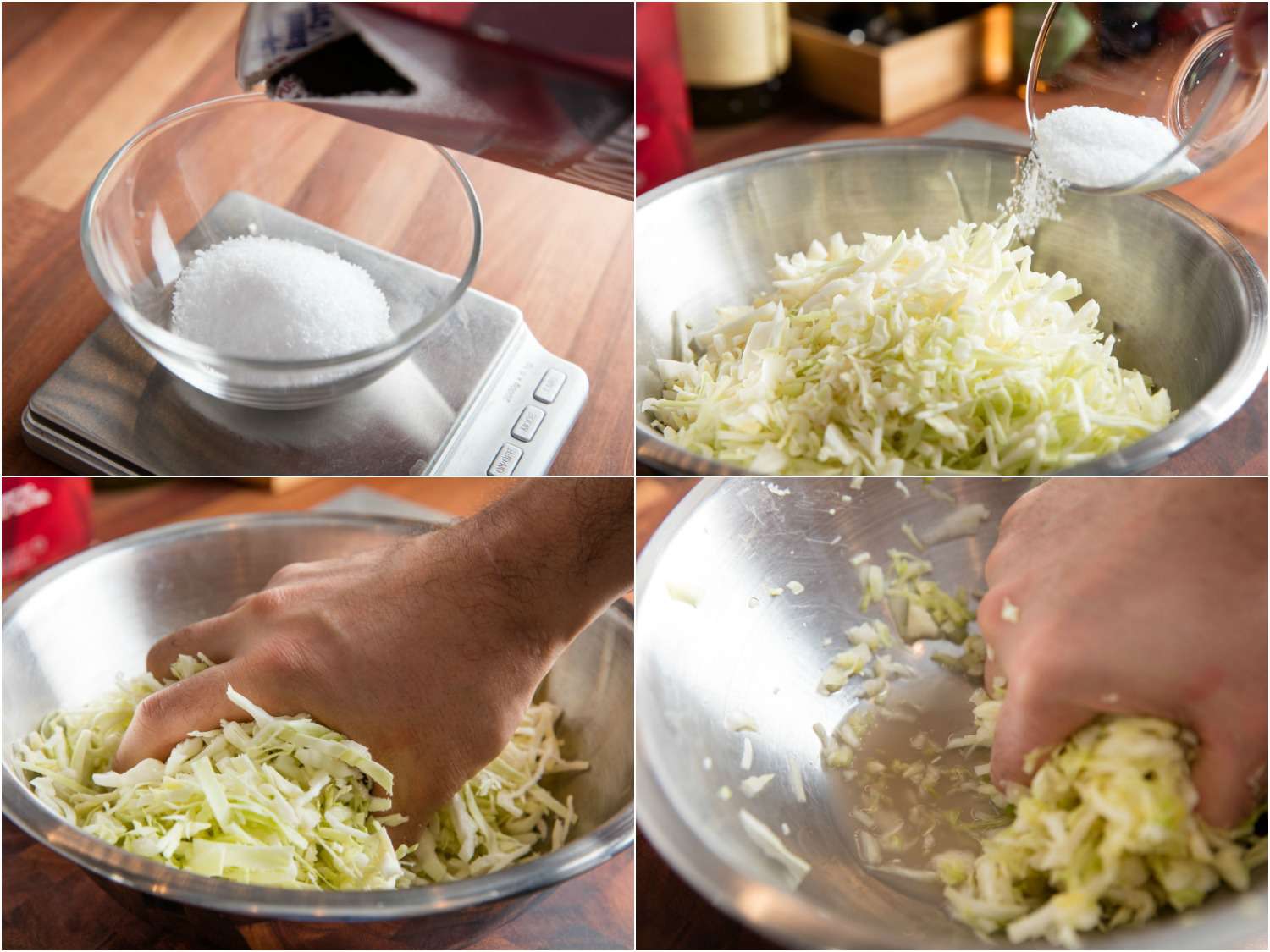 4 images showing salt being weighed out then added to a mixing bowl of shredded cabbage and massaged together.