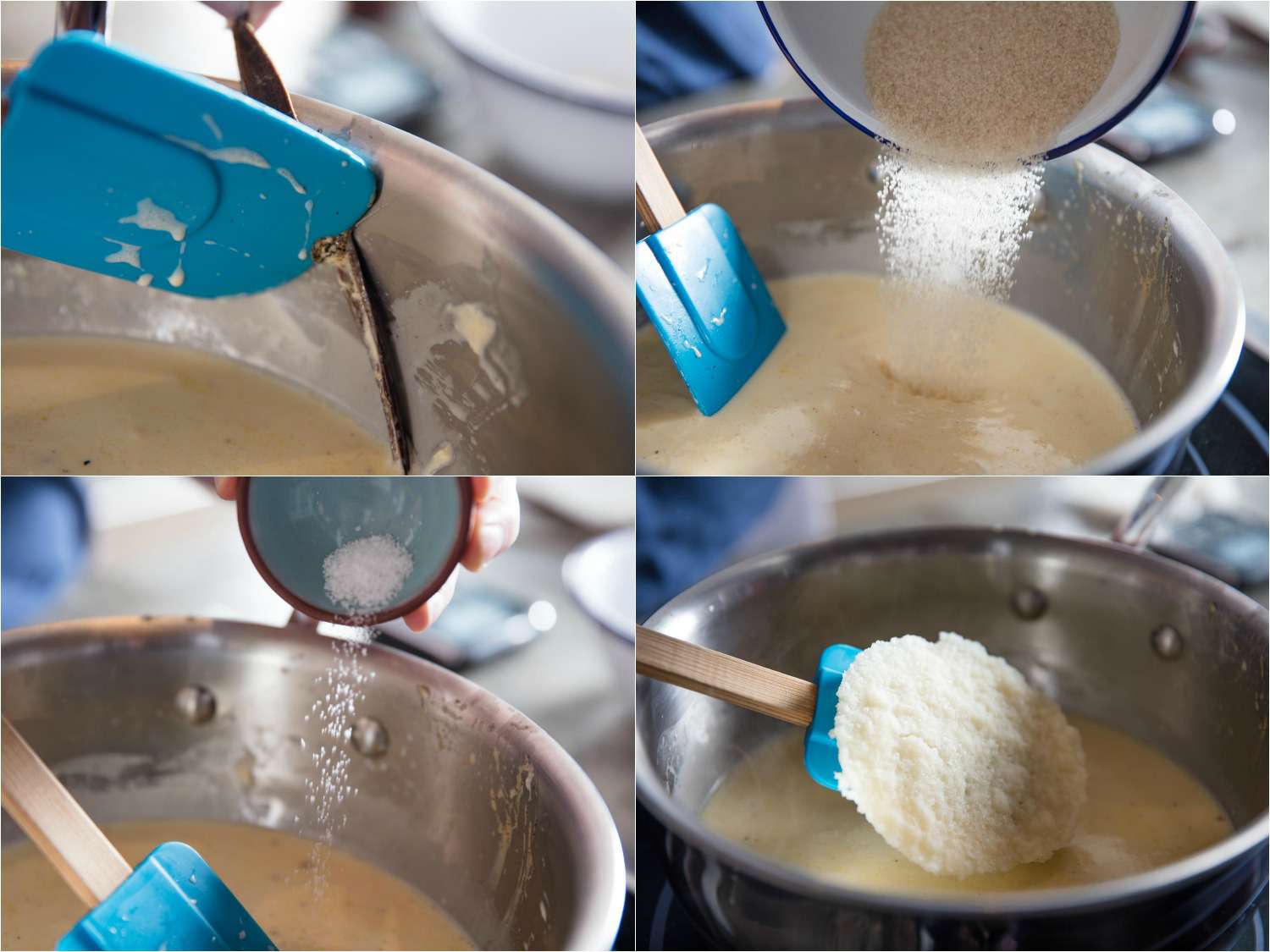 A 4-image collage showing a vanilla bean being scraped into the panna cotta base, along with sugar and the prepared gelatin mixture.