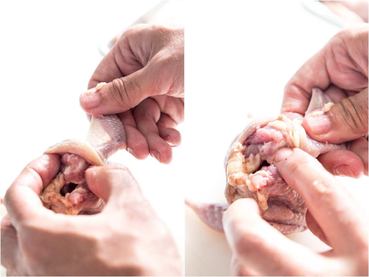 Collage of locating the shoulder joint of a quail as part of the deboning process.