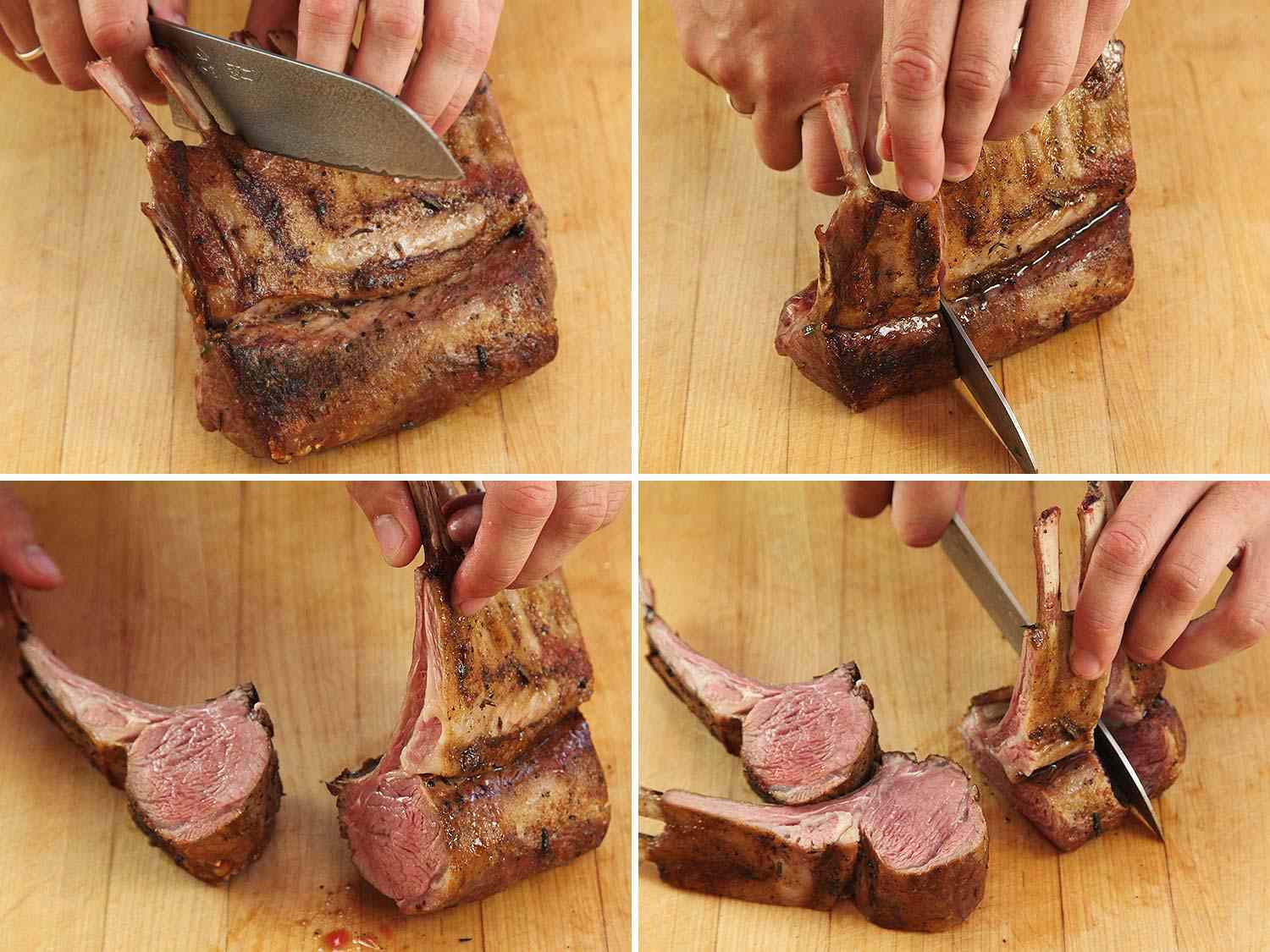 Photo collage showing the process of slicing through a sous vide and seared rack of lamb to form individual two-bone servings.