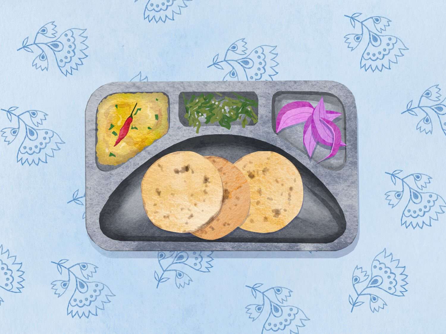Illustration of a metal lunch tray with bhakri (flatbreads), thecha (garlic and chili chutney), varnacha gola (thick dal), and red onion, against a patterned background.