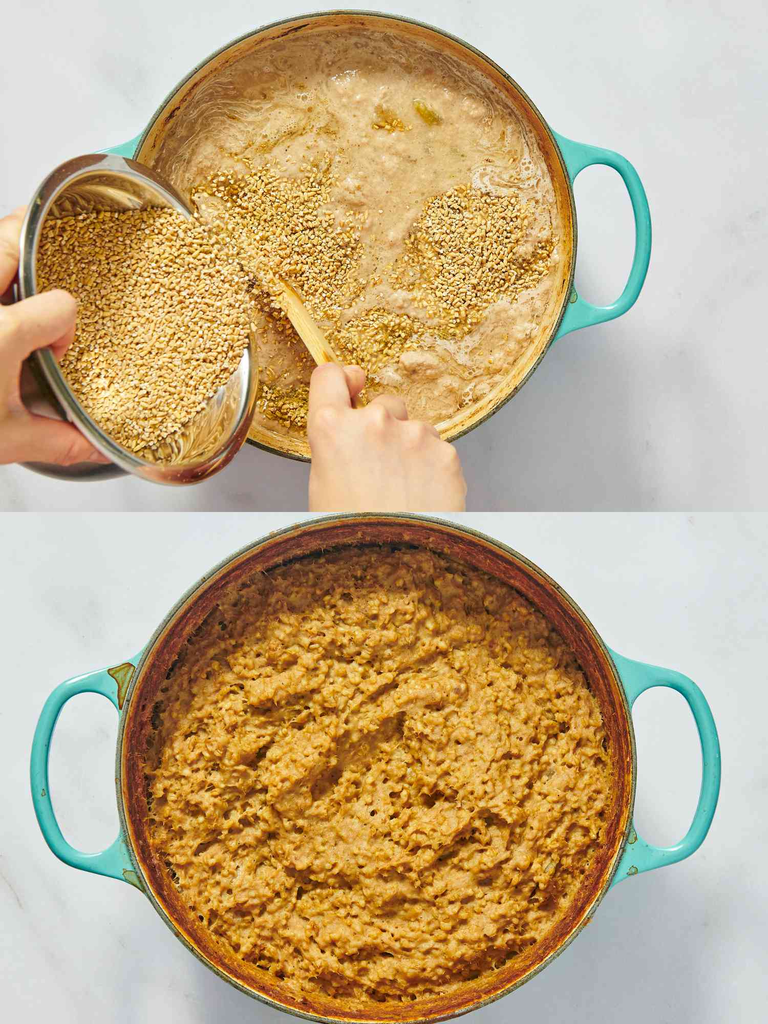 2 image collage. Top: adding oats into mixture in dutch oven. Bottom: mixture after baked into a thick paste 