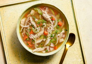 Overhead view of leftover turkey soup