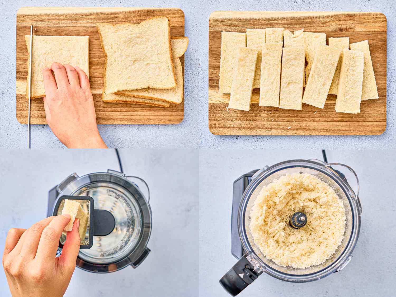 Four image collage of creating bread crumbs