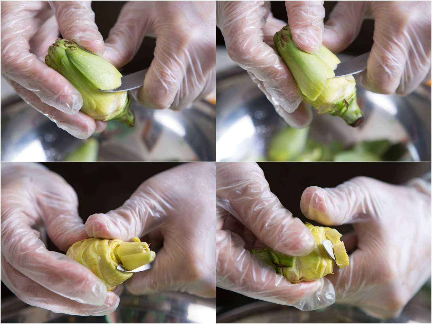 Collage of trimming inedible, thorny tips of leaves on a baby artichoke by rotating a paring knife around the artichoke.