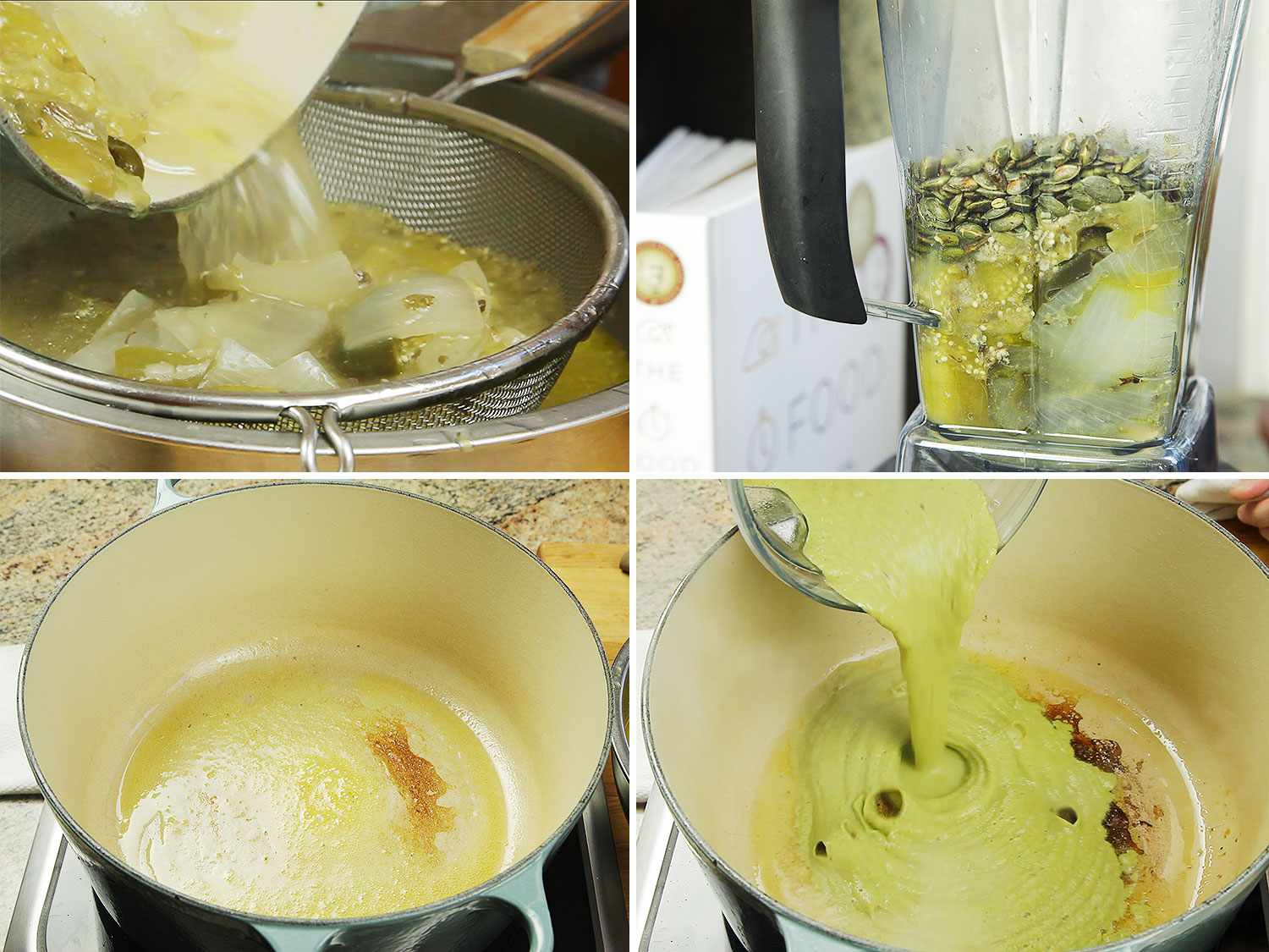 A 4-image collage of cooked aromatics being strained from soup broth, puréed with pumpkin seeds in a blender, and then fried in the Dutch oven with skimmed chicken fat.