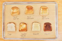 Toast on a sheet after being made in the KitchenAid Dual Convection Countertop Oven with Air Fryer and other devices