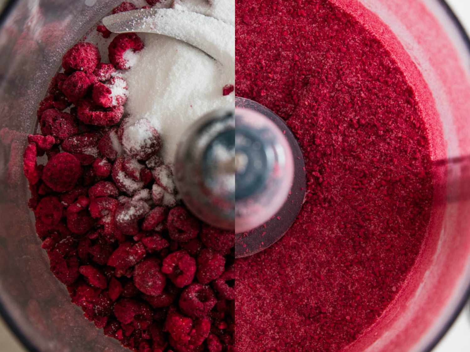 Composite of grinding sugar and freeze-dried raspberries in a food processor.