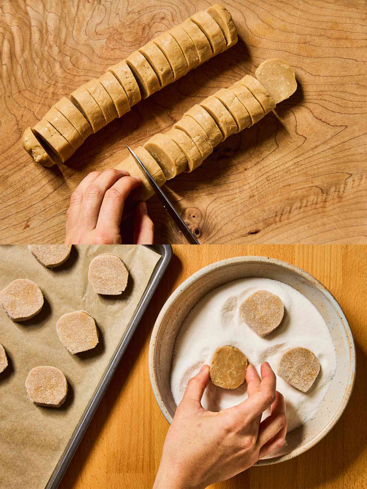 Two image collage of cutting cookie dough and rolling in sugar