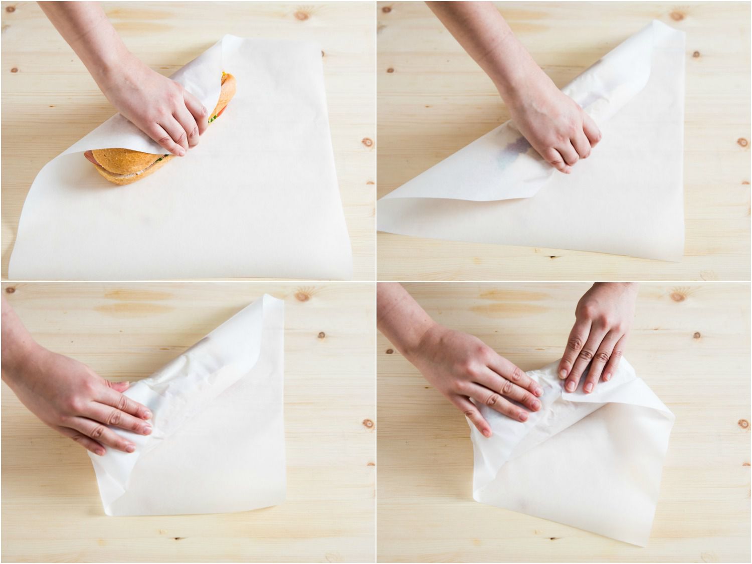 A four-image collage showing how to wrap a long sandwich on a hero roll in a piece of paper.