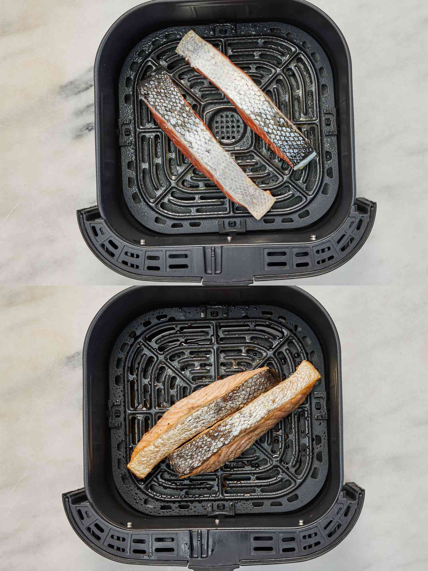 Before and after pictures of air fryer salmon in the basket.