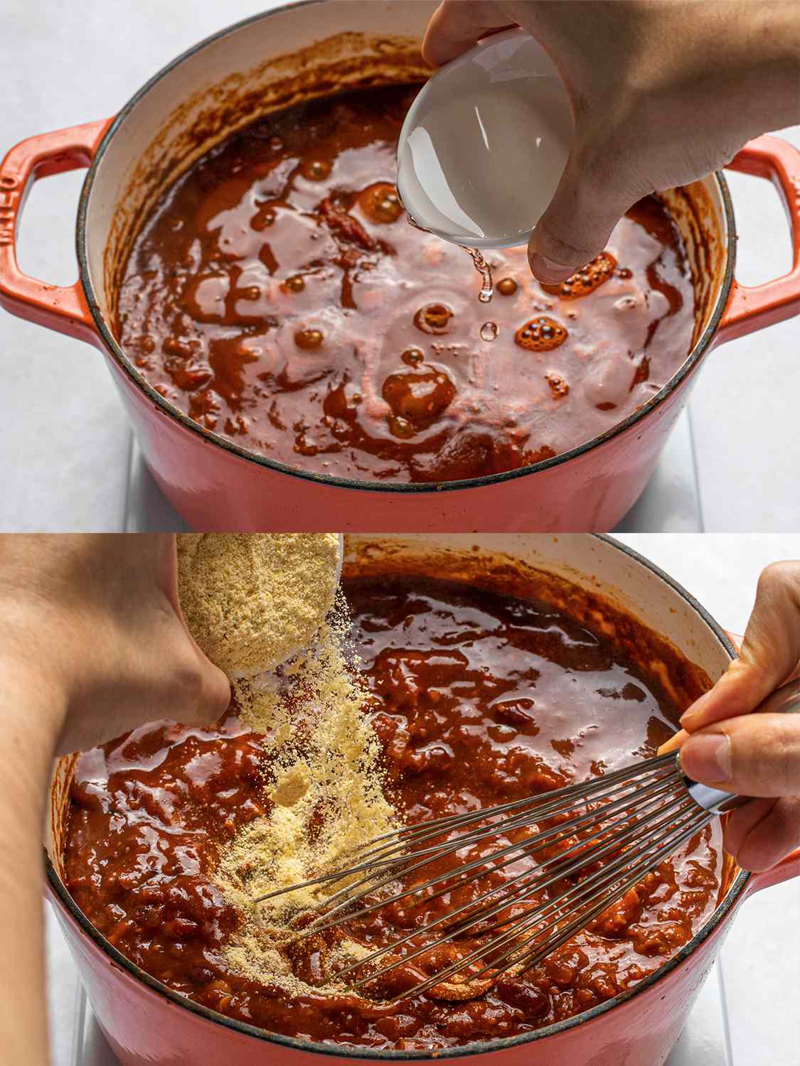 A two-image collage. The top image shows a hand holding a small bowl containing vodka, which is being poured into the chili. The bottom image shows masa being poured into the Dutch oven, with a whisk there to incorporate it into the chili.