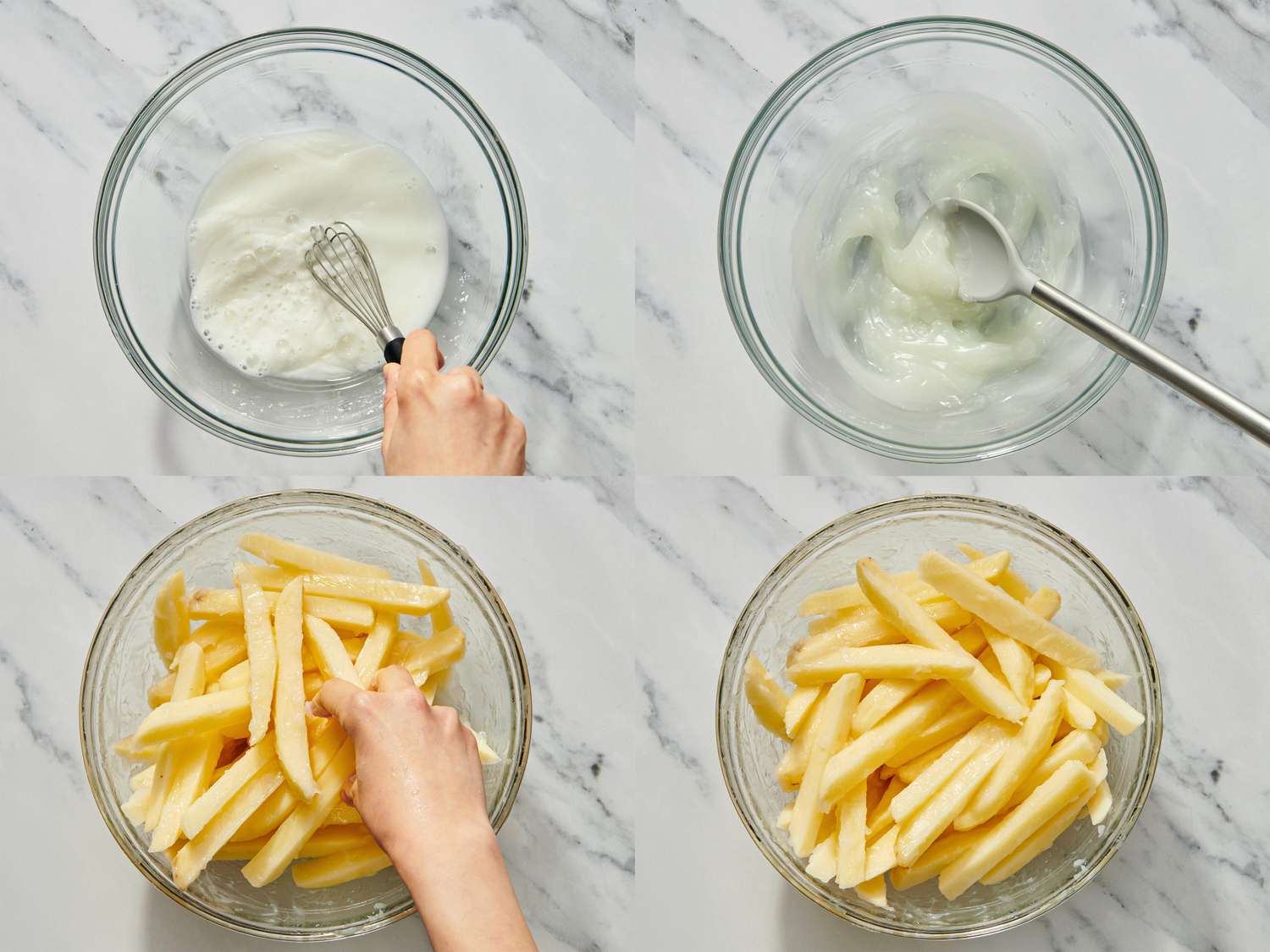 Four steps for preparing air fryer french fries mixing coating stirring and tossing fries