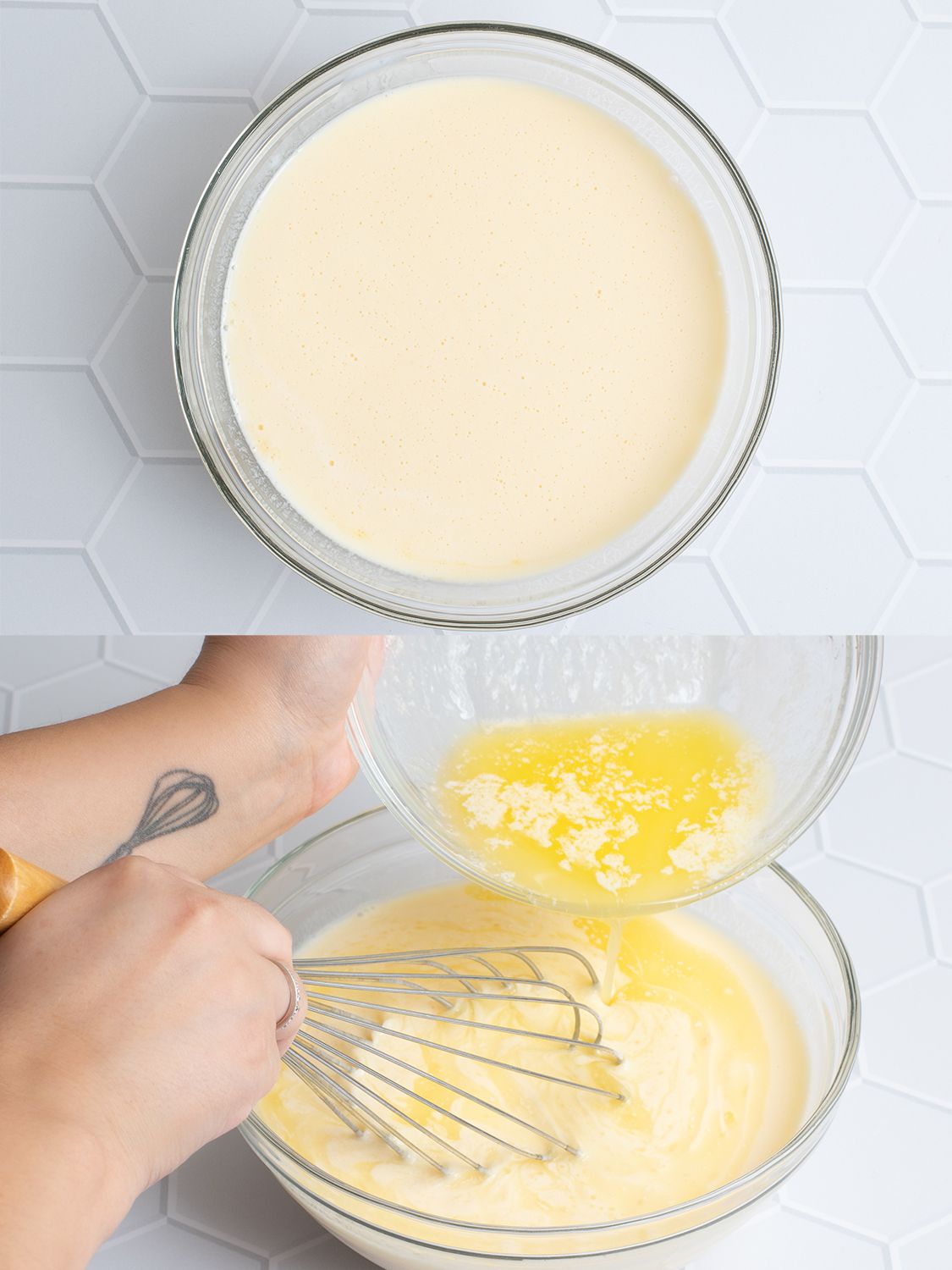 A two-image collage. The top image shows buttermilk and eggs whisked together until homogeneous inside a separate bowl. The bottom image shows melted butter being drizzles into the glass bowl holding the egg-buttermilk mixture. There's a whisk being used to combine the butter with the eggs and buttermilk.