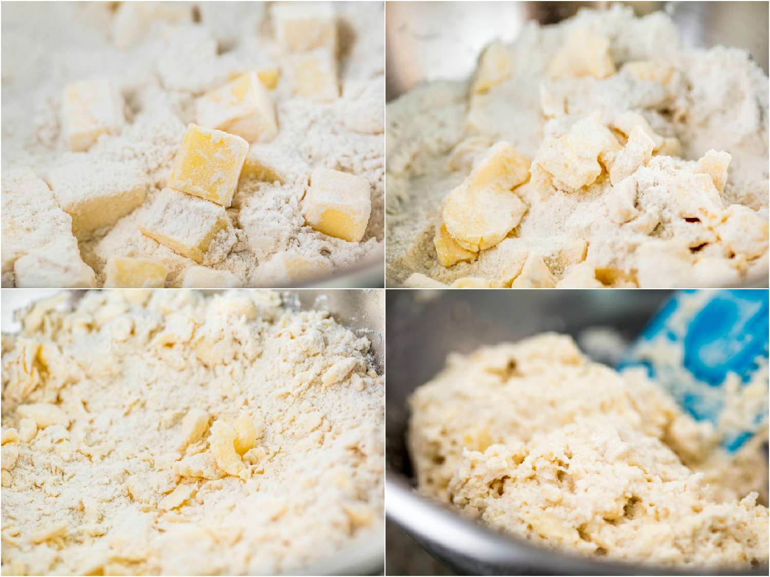Collage of butter being worked into the dry ingredients for the drop biscuit dough.