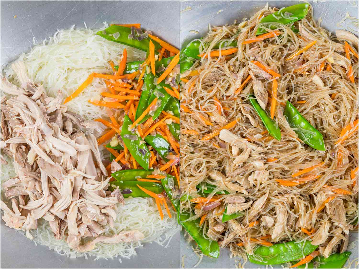 Collage of finishing pancit bihon: vegetables and shredded chicken are added to wok and the mixture is tossed with the soy, fish, and oyster sauces.