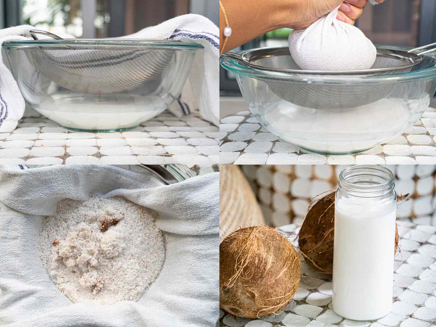 Four image collage of straining coconut milk