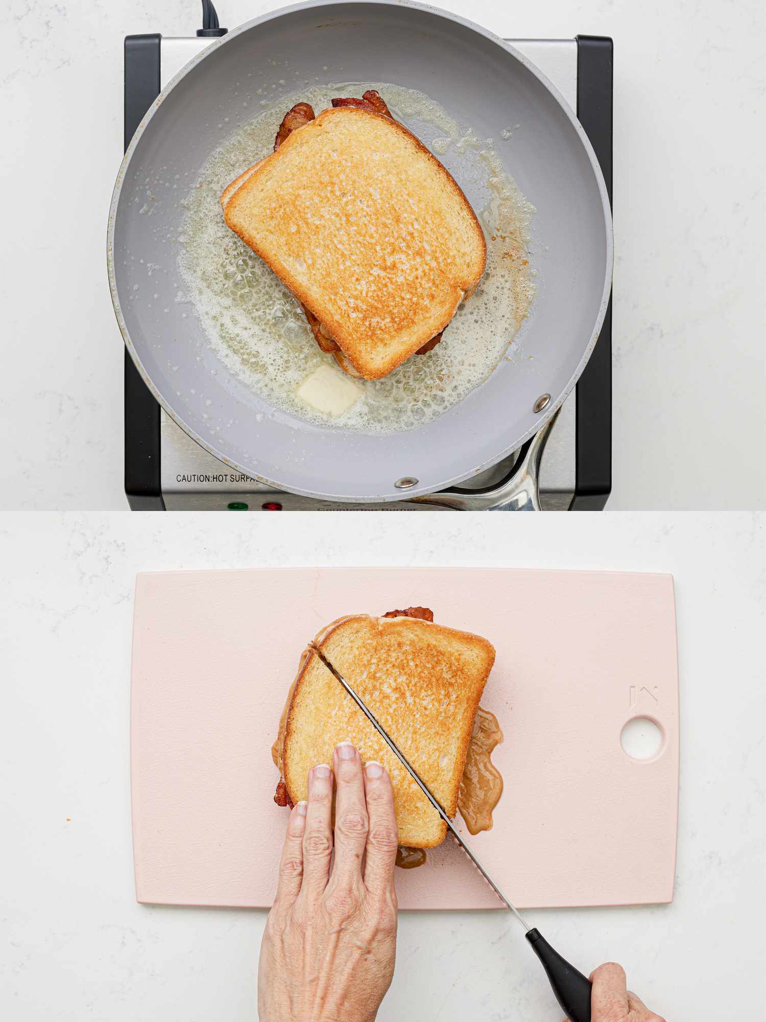 Two image collage of sandwich flipped in skillet and cut in half
