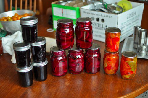 Jars with assorted homemade pickled vegetables resting on a wooden table.