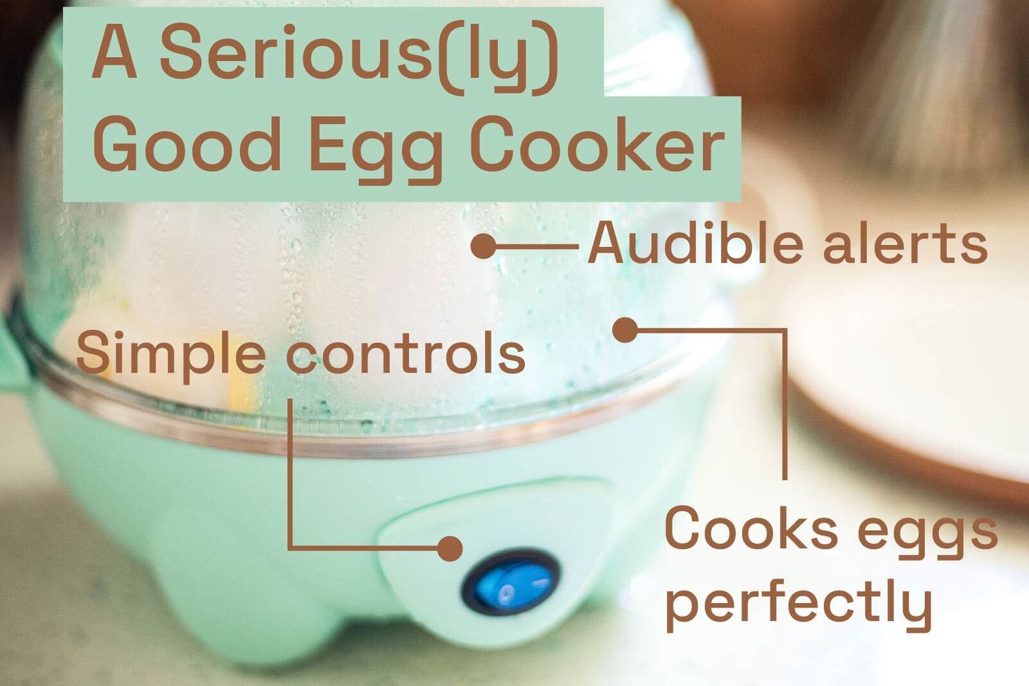 A light green egg cooker with hard-boiled eggs inside