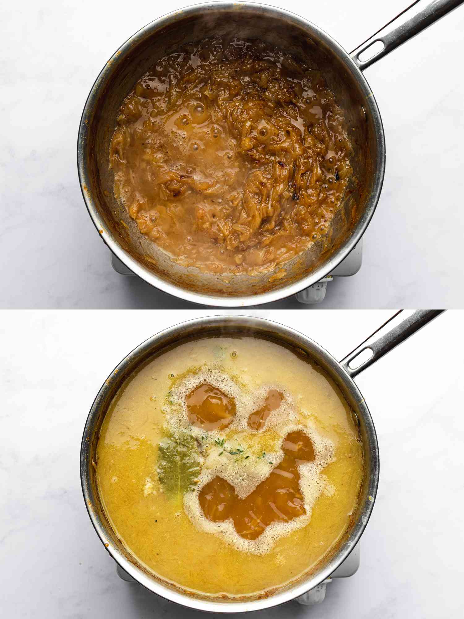 Two image collage of overhead view of onions cooking in broth