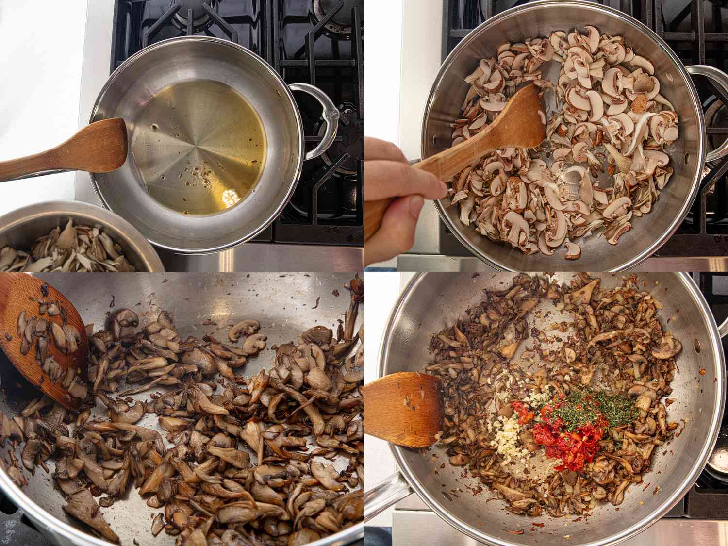 Four image collage of cooking mushrooms