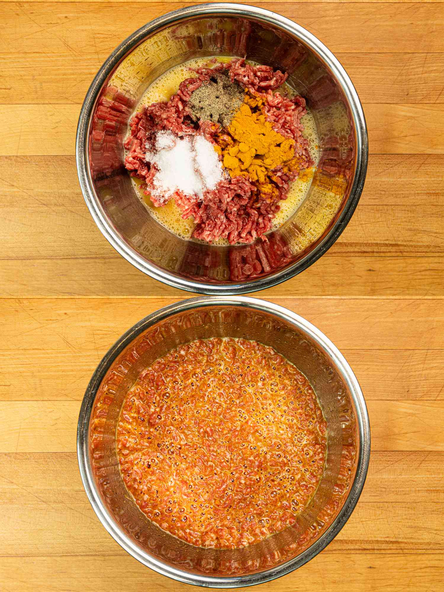 Two image collage of meat and seasoning mixture added to eggs in a metal bowl, before and after being mixed. 