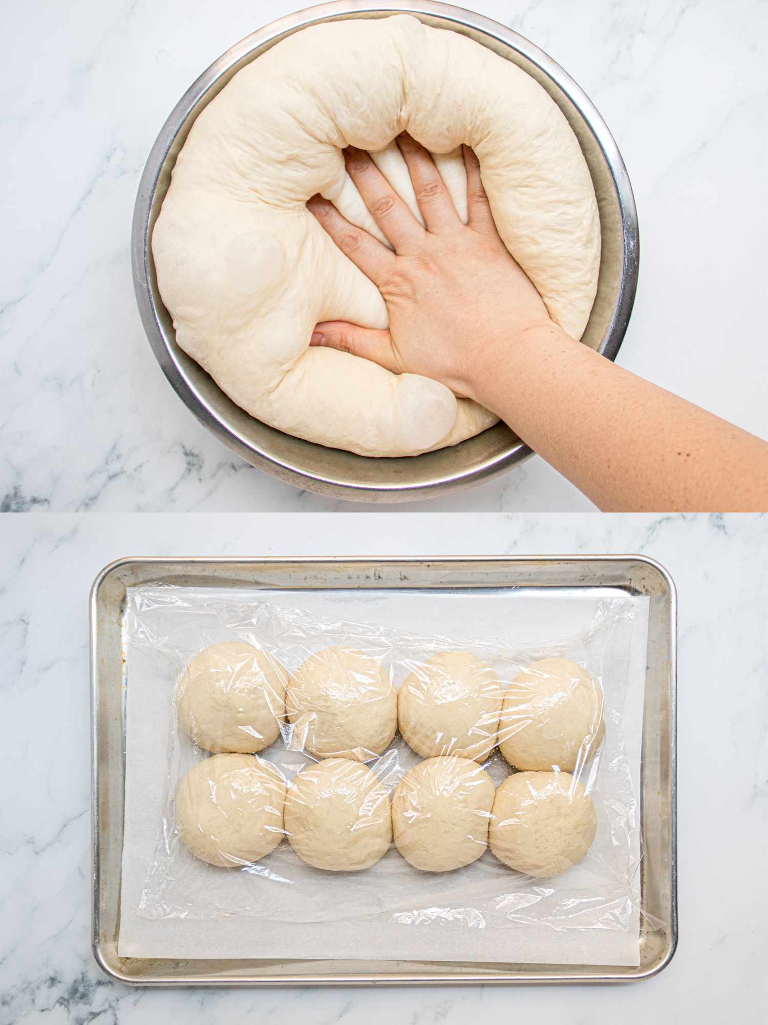 Two image collage of deflating dough and dough wrapped in plastic