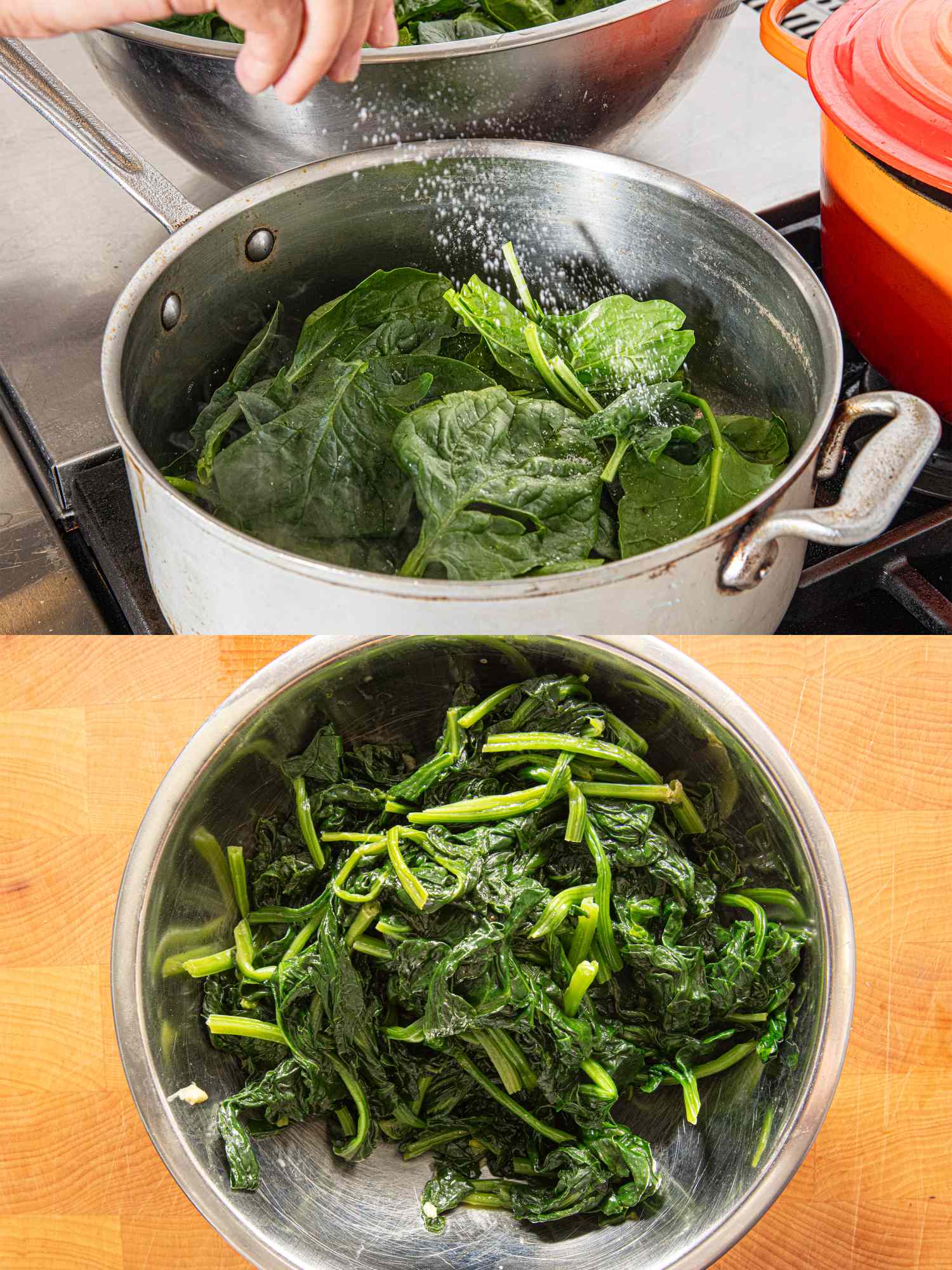 Cooking spinach before and after being sauted