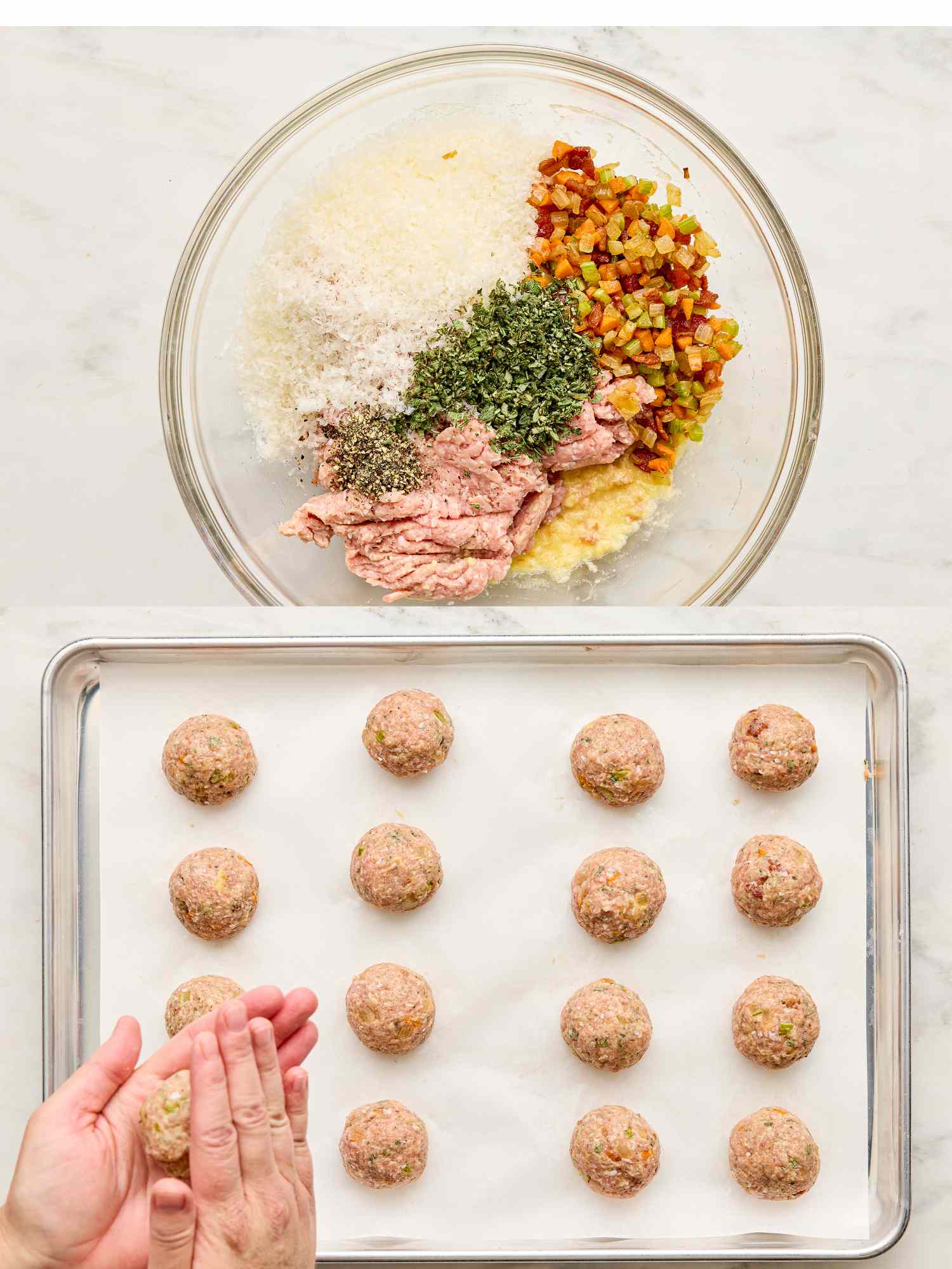Ingredients for turkey meatballs in a bowl hands shaping meatballs on a baking tray lined with parchment paper