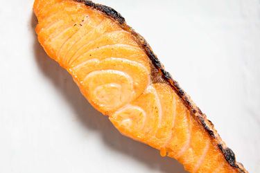 Closeup of a cooked slice of Japanese-style salted salmon on a white background.