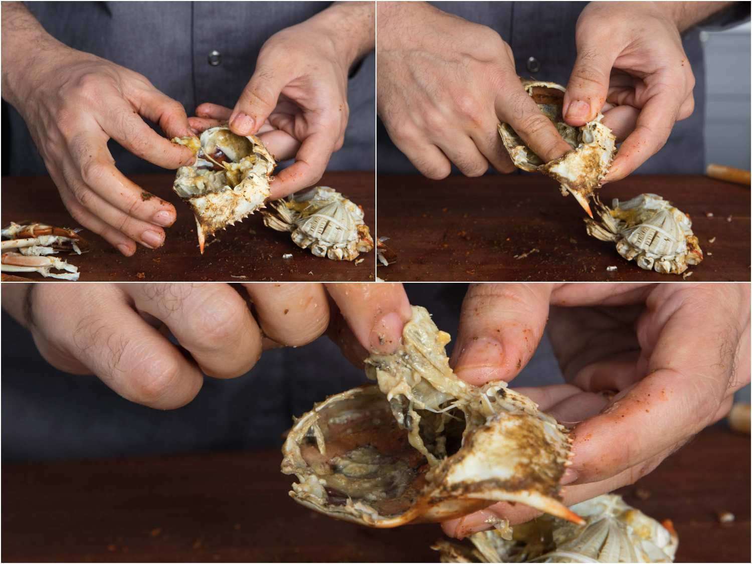 Removing sac from the top shell of a crab and picking out the meat