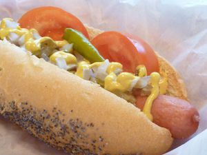 Closeup of a Chicago-style hotdog