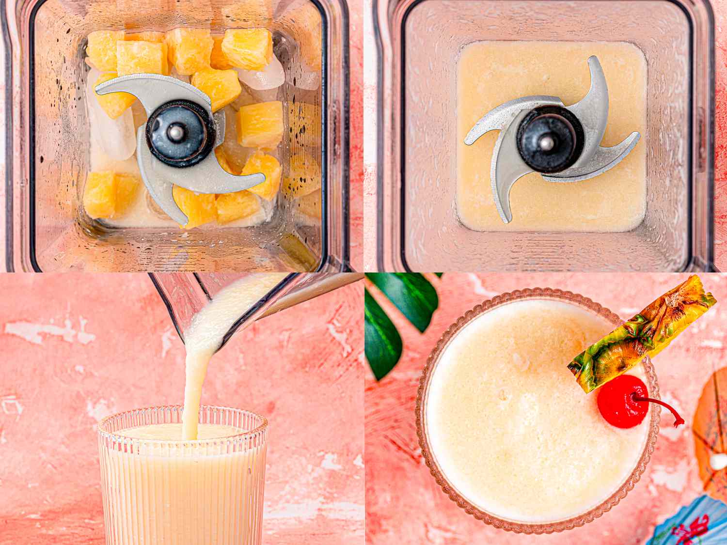 Four image collage of pineapple mixture before and after being blended, pina colada being poured into a glass, and finished drink viewed from top