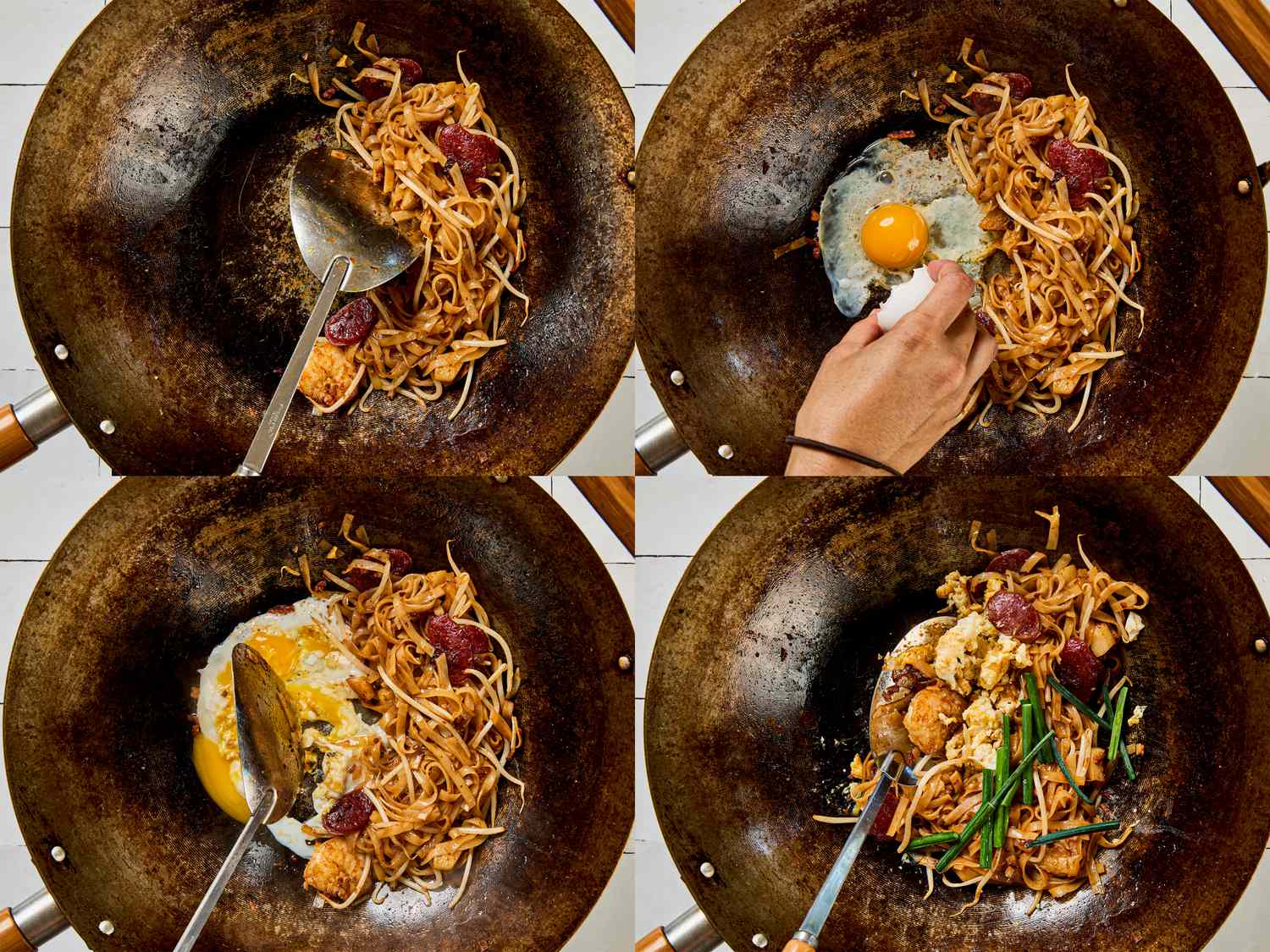 Series of steps showing the preparation of char kway teow noodle dish in a wok