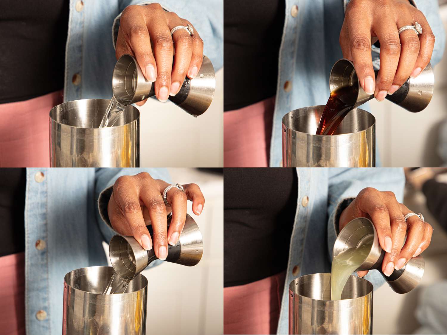 Collage of hands pouring liquids into a cocktail shaker